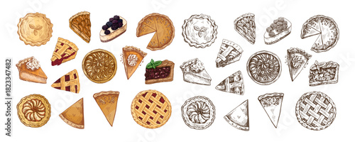 Hand drawn vintage set of traditional festive pies and slices in color and monochrome for Christmas and Thanksgiving