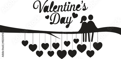 Romantic Valentine's Day Silhouette with Couple and Hanging Hearts