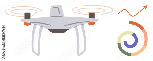 Flying quadcopter with two spinning rotors beside a growth graph and analytics spiral. Ideal for innovation, data, technology, aerial photography, Quadcopter logistics, progress, futuristic concepts