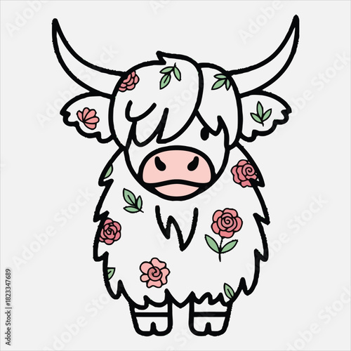Cute shaggy bovine with pink floral design