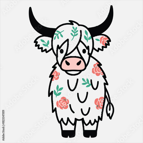 Whimsical floral highland cow illustration