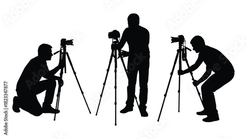 Photographers adjusting tripod cameras silhouette set isolated on white background, Vector
