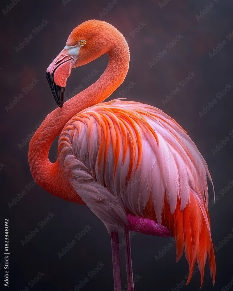 Obraz premium Elegant flamingo posing in studio, with vibrant plumage against a dark backdrop