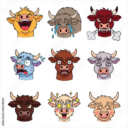 Cartoon bovine faces showing many feelings