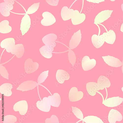 Sweet love cherry seamless pattern. Vector summer fruit print with gradient heart shaped cherries silhouettes on pink background. Cute berry texture for wrapping, valentine decor, textile, fashion.