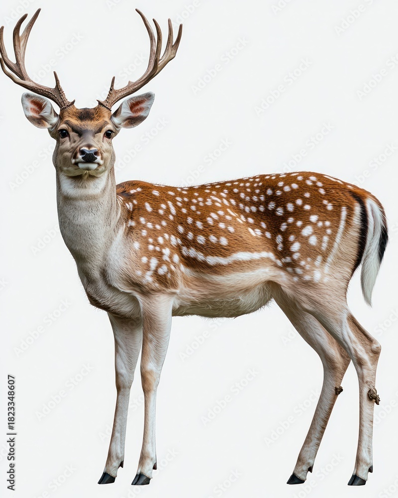Naklejka premium Fallow deer with white spots, prominent antlers, against plain background