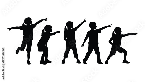 Children silhouettes pointing isolated on white background, Vector
