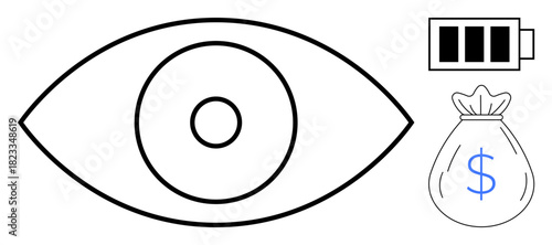 Eye outline with central focus, charged battery icon, and money bag with dollar sign. Ideal for finance, focus, productivity, vision, wealth energy technology. Minimal style simple flat metaphor