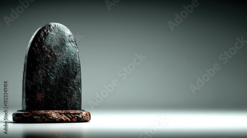A dark textured oval object with a burnt appearance stands on a reflective pedestal against a soft gray studio backdrop.