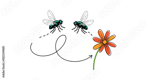 Two flies approaching a single blooming flower in a garden setting.