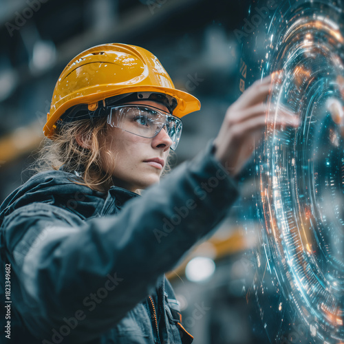A woman wearing a yellow hard hat is looking at a computer screen. She is wearing safety glasses and a black jacket
