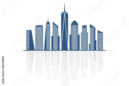 Modern blue city skyline vector illustration with reflection. Flat style urban skyscrapers and downtown architecture design element isolated on white background.