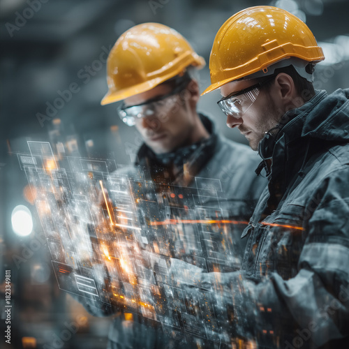 Two men wearing yellow hard hats are looking at a computer screen. They are both wearing safety glasses and are focused on the screen. Concept of professionalism and safety in the workplace