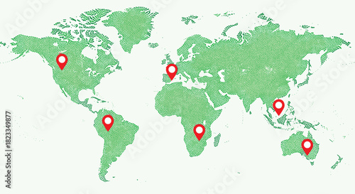 Global map showing various locations marked with red pins and a green textured background indicating land masses.