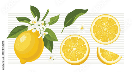 A vibrant collection of ripe lemons with their blossoms and leaves on a striped background.