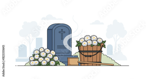 A somber scene at a graveyard features a tombstone adorned with a cross and surrounded by floral tributes.