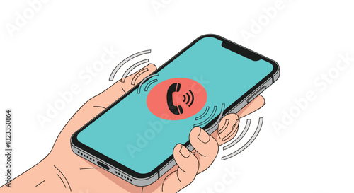A hand holding a ringing smartphone with a call icon displayed on the screen.