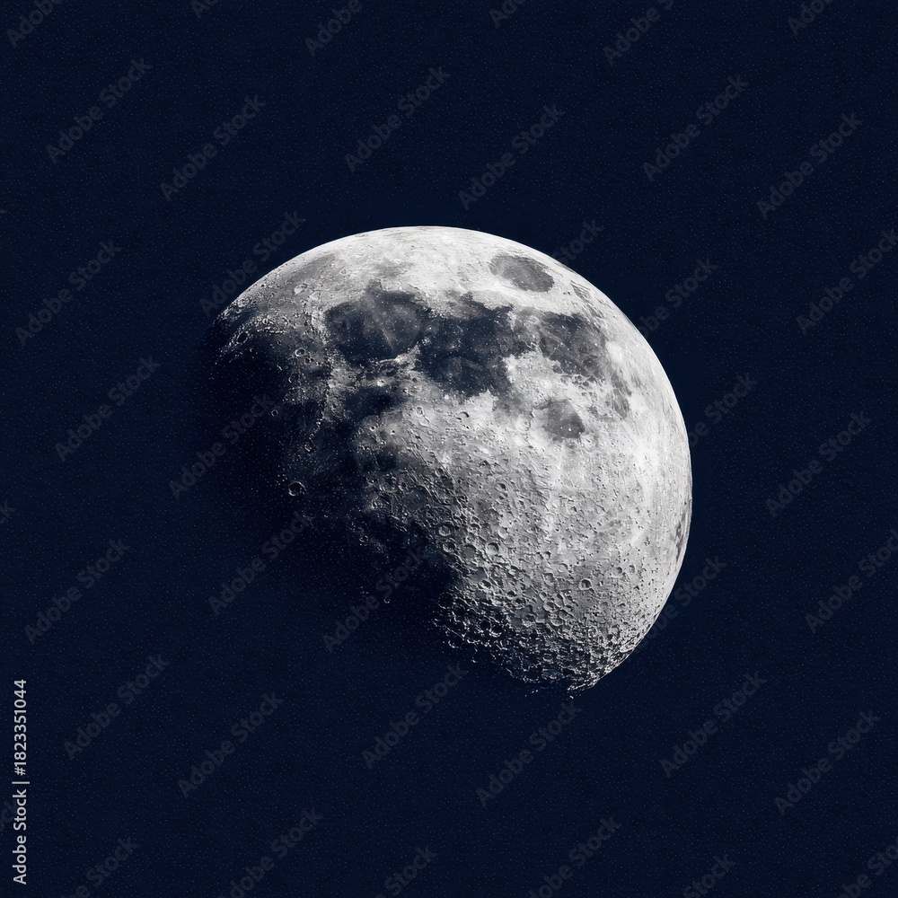 Obraz premium A close up, textured view of the moon's surface shows craters and details against a deep blue, star filled night sky.