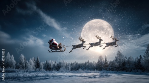 Santa Claus in Sleigh Flying Over Winter Landscape with Full Moon