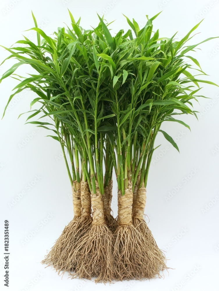Fototapeta premium Grouped rhizomes with green shoots and root systems against white background
