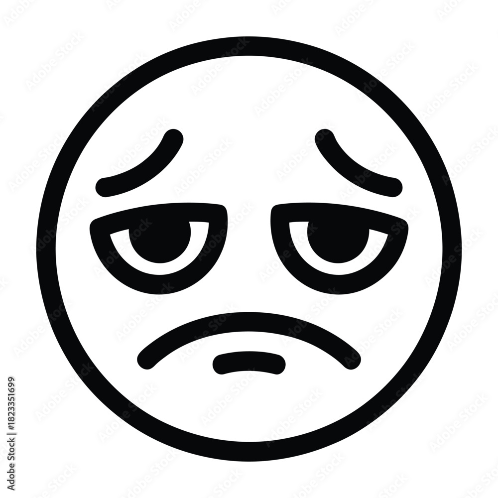 Obraz premium A black outline sad face emoji with a downturned mouth and heavy eyelids, conveying sadness, disappointment, or melancholy