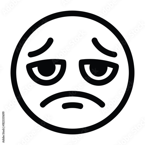 A black outline sad face emoji with a downturned mouth and heavy eyelids, conveying sadness, disappointment, or melancholy