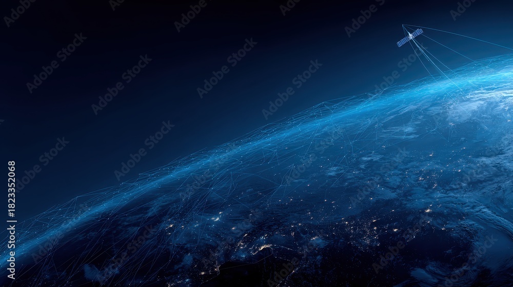 Obraz premium Satellite network orbiting Earth with glowing blue lights representing data connections.
