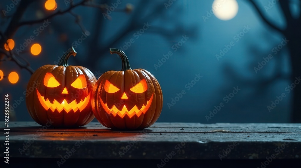Obraz premium Illuminated Jack-o'-lanterns on Rustic Wood at Night with Glowing Lights in the Background