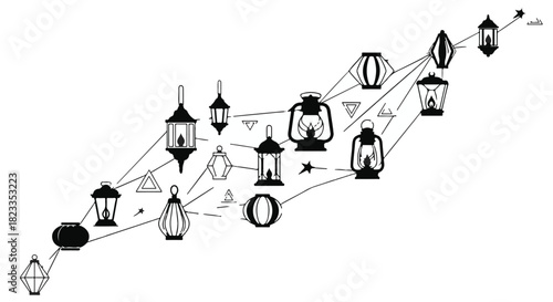Network of diverse lanterns connected by lines and geometric shapes, creating a sense of communication and light.