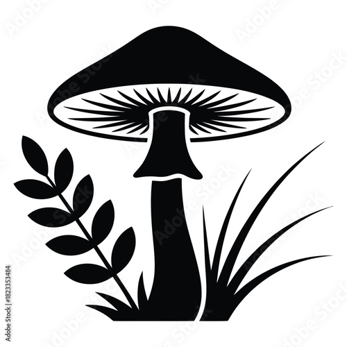 Black silhouette of a mushroom with a wide cap and gills, standing amidst blades of grass and a leafy branch, depicting a simple nature or forest icon