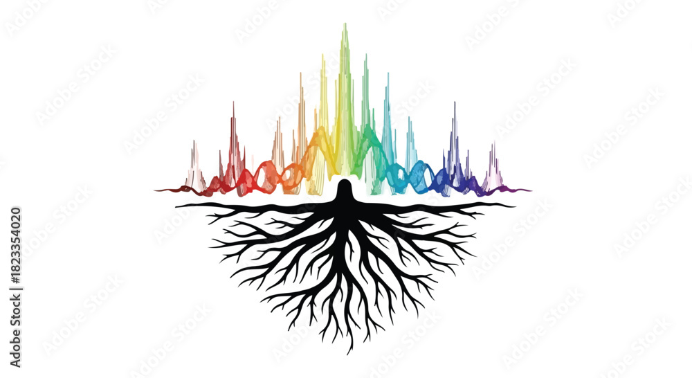 Fototapeta premium Vibrant sound wave rising from tree roots, symbolizing growth and connection