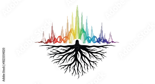 Vibrant sound wave rising from tree roots, symbolizing growth and connection