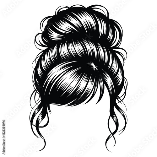 Messy bun hairstyle illustration, a casual updo for women, ideal for fashion, beauty, and hair design concepts