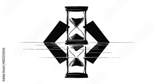 Abstract graphic representing the flow of time with hourglasses and geometric shapes