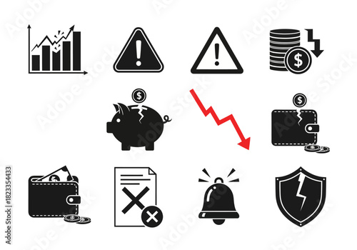 Financial Crisis Signs of Economic Recession and Market Downturn with Warning Icons