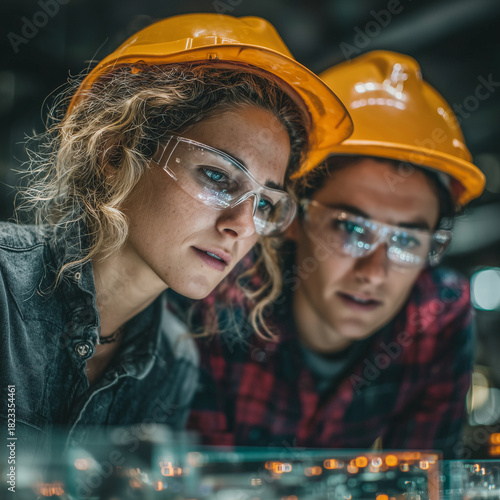Two people wearing yellow hard hats are looking at something. They are both wearing safety glasses. Scene is serious and focused