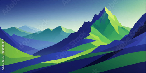 Emerald green and navy-blue geometric mountain ranges forming a clean minimalist scenic background.