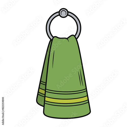 A simple handdrawn illustration of a green towel hanging on a silver ring, perfect for bathroom or kitchen decor