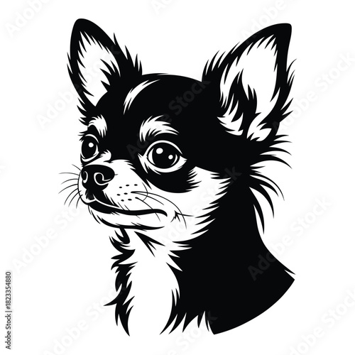 Black and white minimalist graphic illustration of a cute chihuahua dogs head, featuring its distinctive large ears and expressive eyes