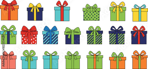 Gift box illustration set, colorful wrapping styles, bow designs, festive packaging, celebration theme, decorative present icons, vector artwork