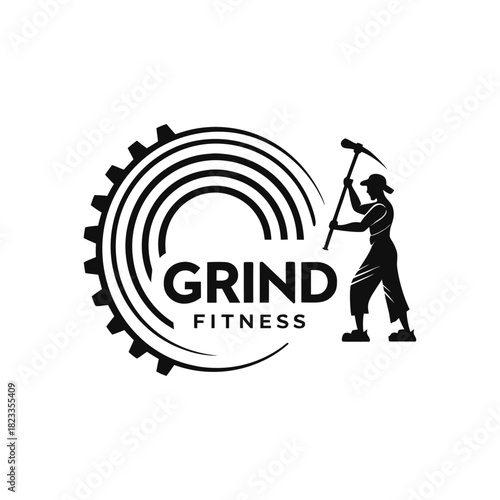 Grind fitness logo with gear and silhouette holding pickaxe for hard work