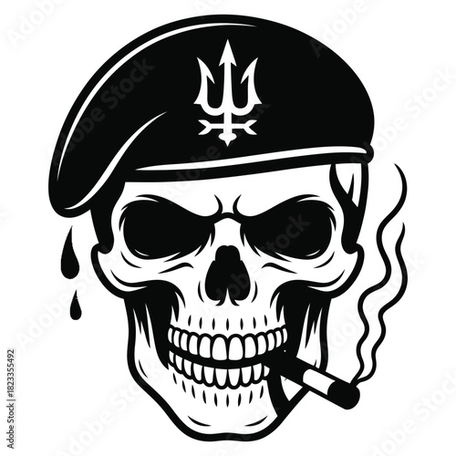 Black and white illustration of a skull wearing a military beret with a trident symbol, smoking a cigar, and blood drops, symbolizing rebellion and strength
