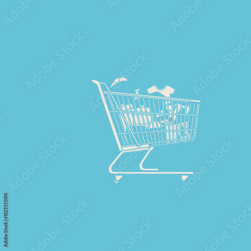 Minimalist illustration of a white shopping cart overflowing with various retail products, set against a vibrant blue background, representing modern consumer culture and e-commerce concepts