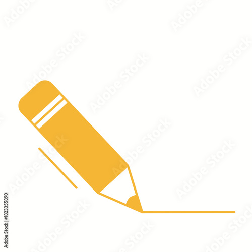 Simple graphic icon featuring a vibrant orange pencil actively drawing a crisp, continuous line, representing the fundamental concepts of creativity, education, writing, and design