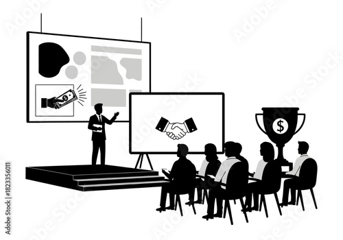 Business Presentation Illustration Meeting, Handshake, and Success with Trophy