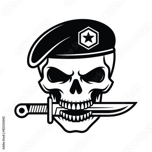 A bold black and white illustration of a skull wearing a military beret adorned with a star emblem, firmly clenching a combat knife in its teeth