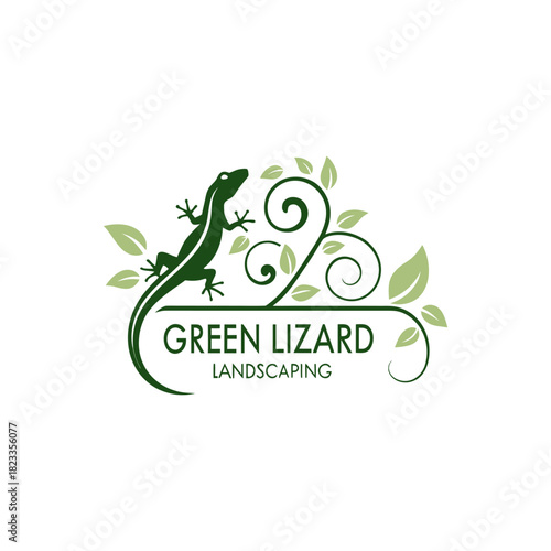 Green lizard landscaping logo with stylized vines and leaves, natural branding.