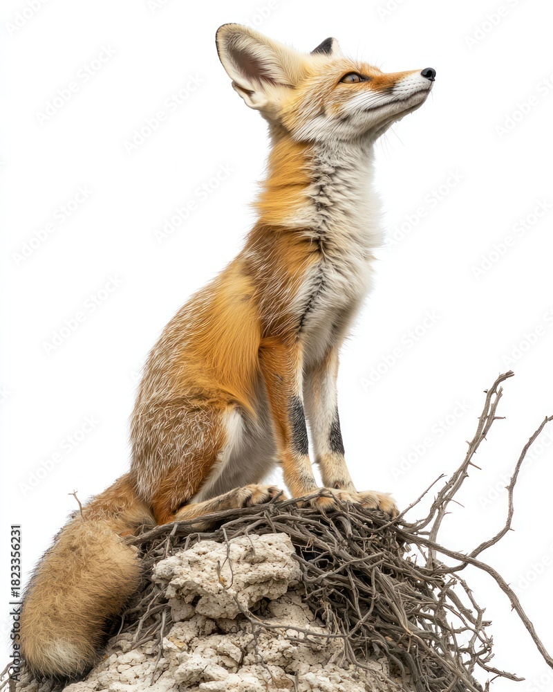 Naklejka premium Red fox sits alert on a mound, facing upwards with ears perked