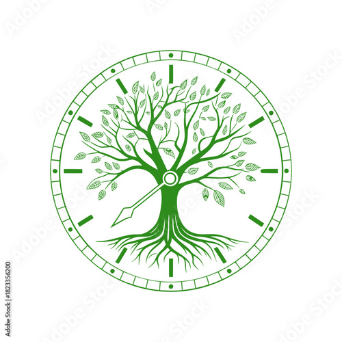 Green tree of life inside a clock face symbolising growth, time, nature