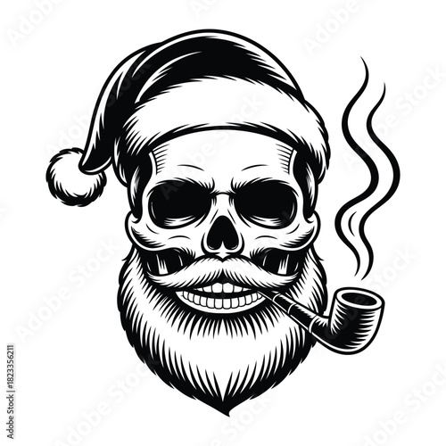 A detailed black and white illustration of a skull wearing a santa hat, featuring a full beard, mustache, and smoking a pipe